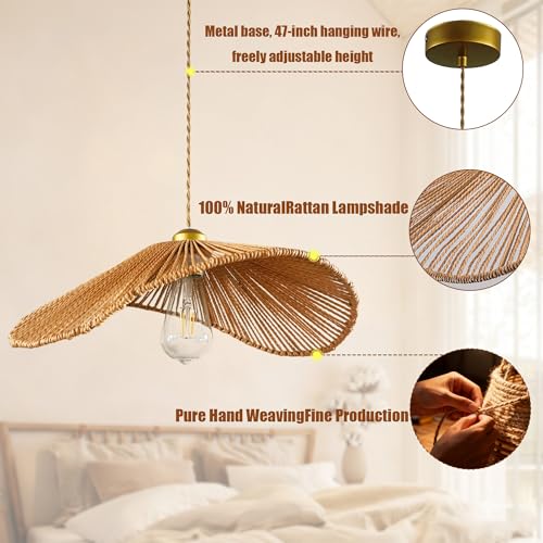 Boho Rattan 17-inch Pendant Light E26 lamp holder,height adjustable Restaurant chandelier Rattan light fixture Chandelier Woven Hanging Light Fixture for Bedroom Entryway Nursery Kitchen Island - color: Light Brown, size: 17-inch