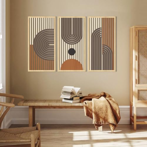IARTTOP Mid century Modern Decor 16x32 Inch Large Boho Wood Wall Art Abstract Wooden Wall Decor Minimalist Bohemian Orange Artwork for Living Room Bedroom Office Set of 3 - color: Brown boho, size: 16 x 32 inches