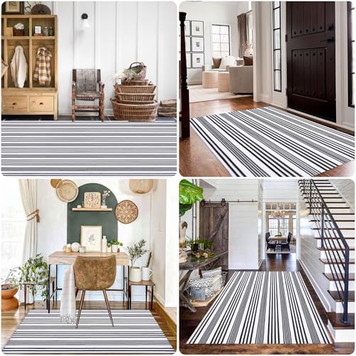 Black and White Striped Rugs, 28”x 43” Outdoor Indoor Front Porch Door Mats Cotton Hand-Woven Layered Area Rug Doormat for Entryway Patio Entryway Laundry Bedroom Living Room