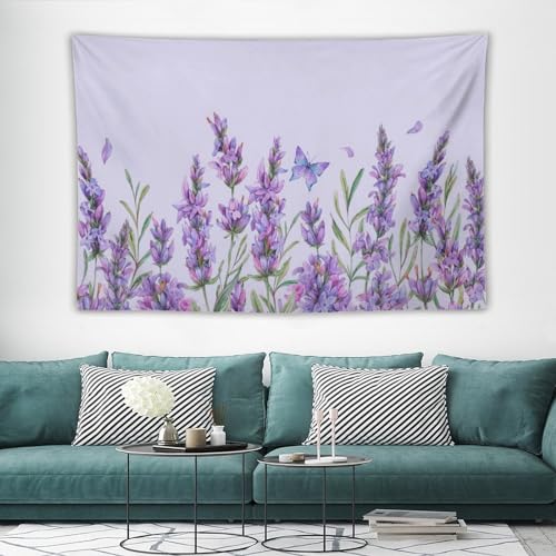 HZOHNAGO Lavender Flower Tapestry Watercolor Purple Floral Butterfly Pattern Printed Wall Tapestry Wall Hanging for Bedroom Living Room Dorm 60" W x 40" H - color: Lavender-10, size: 60"L x 40"W