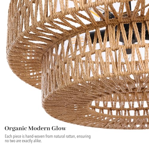 21.6 Inch Boho Rattan Chandelier, 5-Lights Hand Woven Bohemian Chandeliers with 2-Tier Drum Wicker Shade, Modern Farmhouse Large Pendant Light Fixture for Dining Room Living Entryway Bedroom - color: Black Metal, size: 21.6 Inch