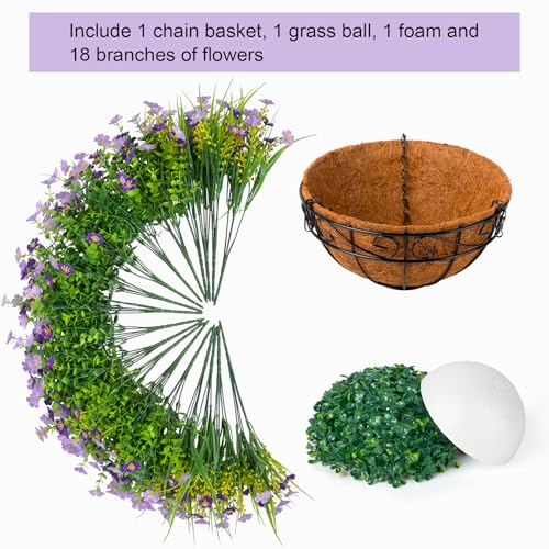 Ouddy Decor Artificial Hanging Flowers with Basket, Faux Silk Flowers in Coconut Lining Basket, Spring Summer Outdoor Decor Fake Hanging Plants for Garden Patio Yard Porch Lawn, Purple - color: Purple