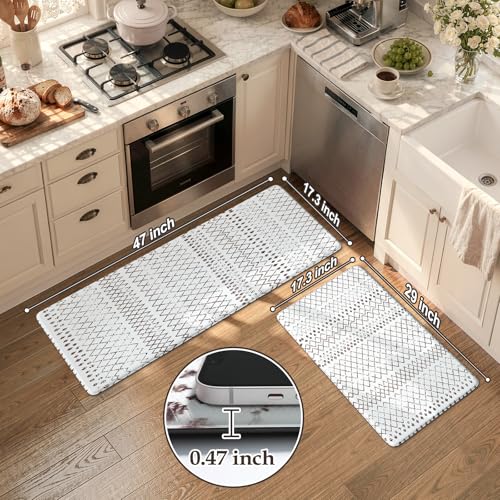 KIMODE Kitchen Mats 2PCS Cushioned Anti Fatigue Boho Kitchen Rugs and Mats Non Slip Waterproof Kitchen Mats for Floor Comfort Foam Standing Desk Mat for Home Office Sink Laundry Brown and White Decor - color: Brown, size: 17.3" x 47 "+ 17.3" x 29 "--0.47