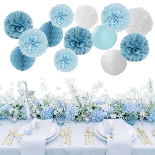 Dusty-Blue White Party-Decorations Paper-Flowers Lanterns - 15pcs Birthday Baby Bridal Shower Tissue Pom Poms Streamers Honeycomb, Boy Men Wedding Bachelorette Hanging Supplies Decor Hugfond - color: Dusty Blue