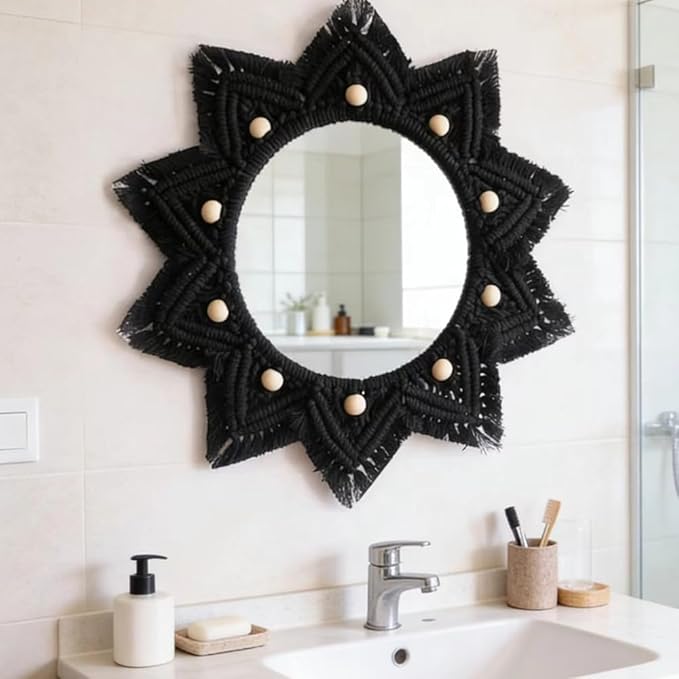 Boho Wall Hanging Mirror Macrame Bohemian Round Mirror for Bedroom Living Room Apratment