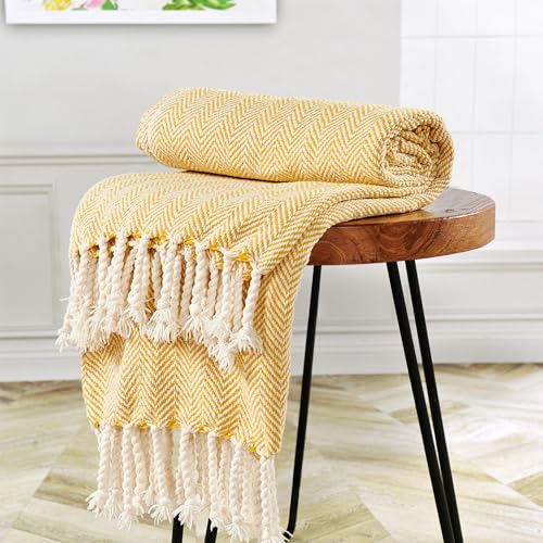 Herringbone Knitted Two Tone Throw Blankets with Braided Tassel Fringe, Boho Farmhouse Lightweight Turkish Throw Blanket for Couch Bed Sofa, Picnic, Yoga, Outdoor Blanket, 50 x 60 Inch, Yellow - color: Yellow