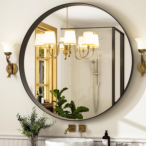 24 Inch Round Bathroom Mirror - Wall Mounted Circle Mirror with Metal Frame, Modern Mirror Suitable for Bathroom, Vanity, Entryway, Living Room, Wall Decor,Black - color: Black, size: 24"L x 24"W