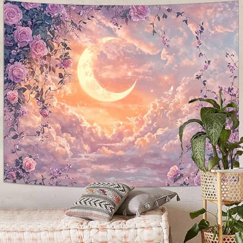 Wegklazax Pastel Rose and Moon Tapestry, Romantic Cloudscape Wall Art for Room Decor, Dreamy Floral Aesthetic Home Decor 80" L x 60" W - color: Purple Yellow, size: 80"L x 60"W
