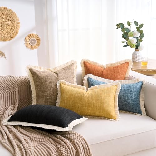 Boho Lumbar Pillow Covers 12x20 Pillow Cover Black Faux Linen Couch Rectangular Pillow Covers Soft Lumbar Cushion Cover with Tassels Farmhouse Cushion for Couch Sofa Bedroom Living Home Set of 2 - color: Black, size: 20" x 12" (Pack of 2)