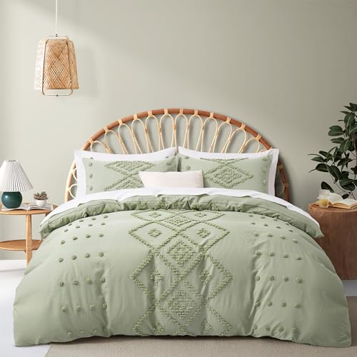 Oli Anderson Tufted Duvet Cover King Size, Soft and Lightweight Duvet Covers Set for All Seasons, 3 Pieces Boho Embroidery Shabby Chic Bedding Set (Mist Sage, King, 104"x90") - color: Mist Sage, size: King(104"×90")