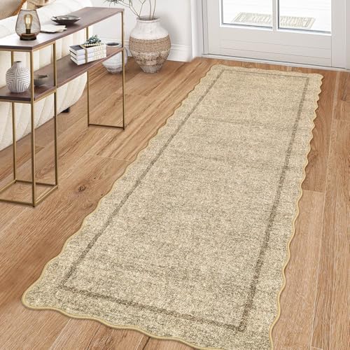 GarveeHome Scalloped Washable Runner Rug 2x6 Runner Modern Kitchen Runner Rug Non Slip Farmhouse Entryway Rug Soft Bathroom Rugs Stain Resistant Carpet for Laundry Bedroom 2 ft x6 ft Jute - color: Jute, size: 2' x 6' (Runner)