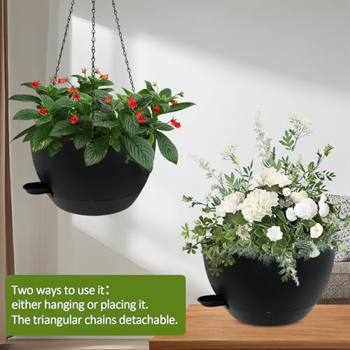 WOUSIWER Self Watering Hanging Planters, 2 Pack 12'' Plastic Pots with Drainage Holes & Reservoir Tray (Black) | Indoor & Outdoor Use for Ferns, Ivy, Herbs, Succulents - color: Black, size: 2 Pack 12 inches