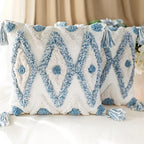 Set of 2 Cotton Woven Boho Throw Pillow Covers, Tufted Decorative Square Pillowcases Covers with Tassels for Couch Sofa Bed, Living Room Sofa, Farmhouse, 18x18 Inch Blue(2 pcs) - size: 18" x 18" (Pack of 2)