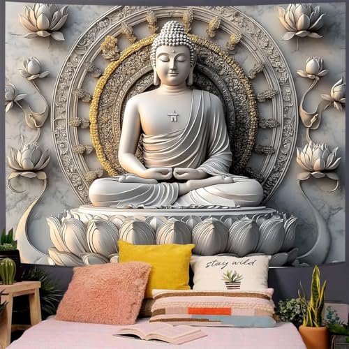 FENDROM Vintage Sitting Buddha Tapestry Wall Hanging Buddhist Statue Tapestries Lotus Meditation Wall Decor Psychedelic Indian Zen Art for Bedroom Living Room Home Decor - color: Beige, size: 79"L x 59"W