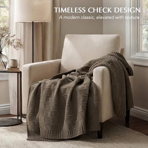 EVERGRACEHOME Modern Checkered Chenille Throw Blanket, Soft Cozy Plaid Knitted Blanket for Sofa & Couch, Decorative Knit Throw for Bed and Living Room, Mocha Brown, 60" x 80" - color: Checkered Mocha Brown, size: 60" X 80"