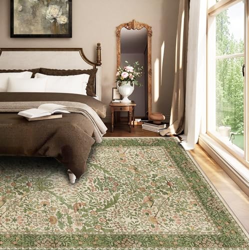 6x9 Floral Washable Area Rug for Living Room, Vintage Boho Rugs for Bedroom Dining Room, Botanical Birds Non Slip Low Pile Forest Throw Carpet for Farmhouse Office, Retro Pink/Green - color: Pink Green (Larger Pattern), size: 6' x 9' (Rectangular)