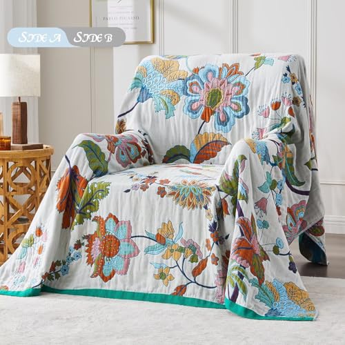 Boho Blanket Soft Muslin BohoThrow Blanket, 100% Cotton Floral Printed Farmhouse Decor All Season Reversible Rustic Throw for Sofa Couch Chair (50"x60") - color: Green, size: 50"x60"