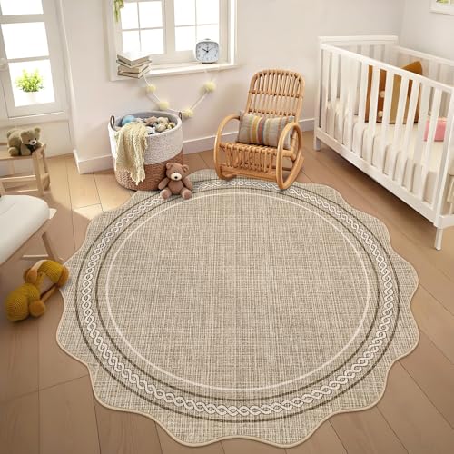 GarveeHome Scalloped Washable Round Rugs, Non-Slip Soft Round Rug 4ft Ultra-Thin, Small Boho Circle Stain Resistant Low Pile Carpet for Entryway Kitchen Bedroom Nursery Bathroom, Brown - color: Jute Color, size: 4' (Round)