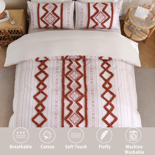 Herside 100% Cotton Boho Duvet Cover Set King Size,Shabby Chic Aztec Western Brick Red Tufted Bedding,Farmhouse Luxury 3 Piece Textured Quilt Duvet Set for All Season Home Decor - color: Brick Red, size: King(No Comforter)