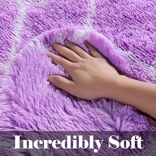 ONASAR Area Rugs for Bedroom Living Room, 4x6 Fluffy Purple and White Throw Rug, Boho Geometric Soft Shaggy Fuzzy Plush Indoor Floor Carpet for Kids Teen Nursery Dorm Home Decor Aesthetic - color: Purple / White, size: 4' x 6' (Rectangular)