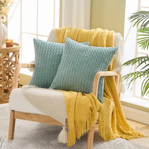 GAWAMAY Decorative Throw Pillow Covers 20x20 Inch Set of 2 for Living Room Couch Bed Sofa, Farmhouse Square Cushion Cover Soft Striped Corduroy Pillow Cases Boho Accent Home Decor (50x50cm) Aqua Blue - color: Aqua Blue, size: 20" x 20" (Pack of 2)