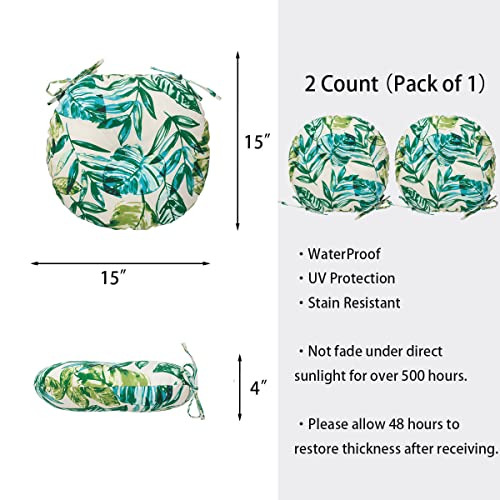 Bistro Chair Cushions 15 inch,Set of 2,Tufted Tropical Round Chair Cushions with Ties,15"x15"x4",Water Resistant Round Seat Cushion for Barstool,Patio Garden Kitchen Outdoor Furniture(Palm Leaf) - color: Palm Leaf, size: 15"x15"