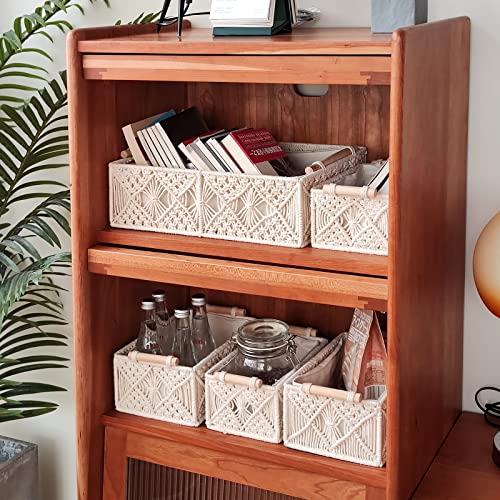 ANMINY 5PCS Macrame Storage Baskets for Organizing Boho Decor Baskets Storage Bins with Wood Handles Handmade Decorative Storage Boxes with Removable Liner Toilet Tank Bathroom Self Basket Organizer - color: Off White (Set of 5)