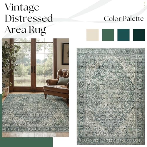 BILEEHOME Green Area Rug 5x7 Machine Washable Rug for Bedroom Living Room Boho Vintage Oriental Farmhouse Floral Carpet, Dark Green - color: Dark Green, size: 5' x 7' (Rectangular)