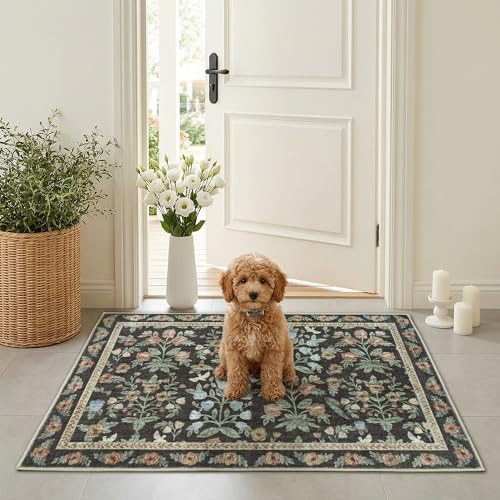 Gold Black Washable Entry Rug 2x3 Small Rugs- Front Door Throw Rugs Indoor, Non-Slip Bathroom Mat, Vintage Floral Thin Rug Stain Resistance for Kitchen, Laundry, Boho Entryway Décor - color: Gold/Black/Multi, size: 2' x 3' (Rectangular)