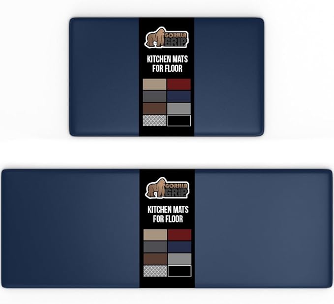 GORILLA GRIP 2 Pack Comfortable Cushioned Kitchen Mats for Floor, 17x29 + 17x59, Waterproof and Stain Resistant, 1/2 Inch Thick Soft Ergonomic Standing Desk Anti Fatigue Mat, Foam Supports Feet, Navy