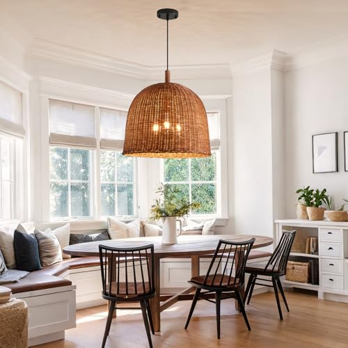17" Farmhouse Rattan Chandelier 3-Lights Hand Woven Wicker Dining Room Light Coastal Boho Bamboo Pendant Hanging Lighting Fixture for Living Room Bedroom Restaurant Foyer Kitchen Island - color: Coffee-17 IN