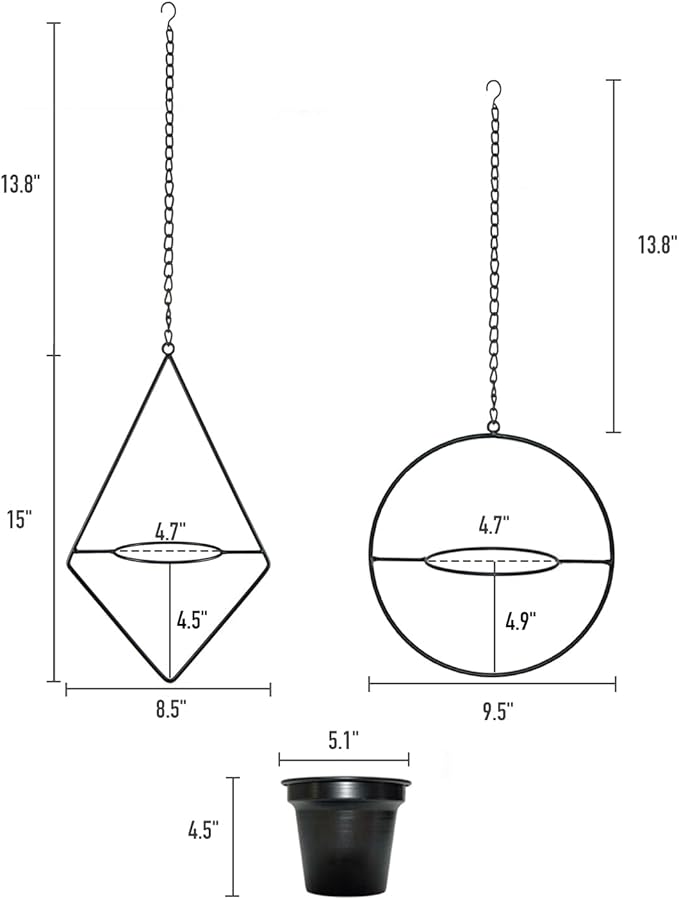 Modern Metal Hanging Planters Set of 2 - Round and Diamond Geometric Plant Hangers with 5 Inch Pots - Black Wall and Ceiling Mount Flower Holders for Indoor Houseplants, Boho Home Décor