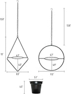 Modern Metal Hanging Planters Set of 2 - Round and Diamond Geometric Plant Hangers with 5 Inch Pots - Black Wall and Ceiling Mount Flower Holders for Indoor Houseplants, Boho Home Décor