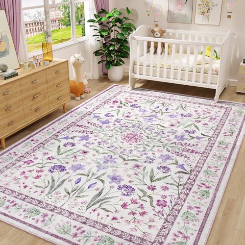 Amearea Floral Area Rugs for Living Room, 5x7 Feet Purple Rugs for Bedroom Girls, Cute Kids Room Print Carpet Vintage Low Pile Machine Washable Area Rug, Office Nursery Dining Room Farmhouse Decor - color: Purple, size: 5x7 Feet