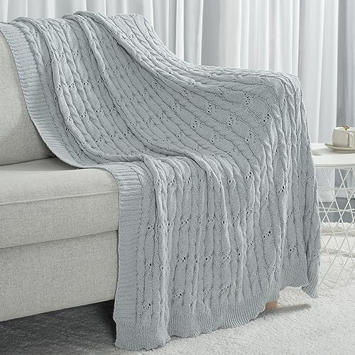 Carriediosa Cable Knit Throw Blanket Soft Textured Lightweight Farmhouse Decorative Throws Summer Knitted Woven Chenille Blankets for Couch Chair Bed Sofa, 60" X 80" Twin Size Light Grey - color: Cable Knit - Light Grey, size: 60" X 80"