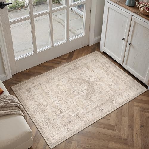 PureCozy Beige 2x3 Washable Entryway Indoor Rug Non-Slip Floral Vintage Distress Print Pattern Medallion for Living Room Thin Low Pile Soft Doormat for Kitchen Laundry Dining Room - color: Vintage 3丨beige, size: 2' x 3' (Rectangular)