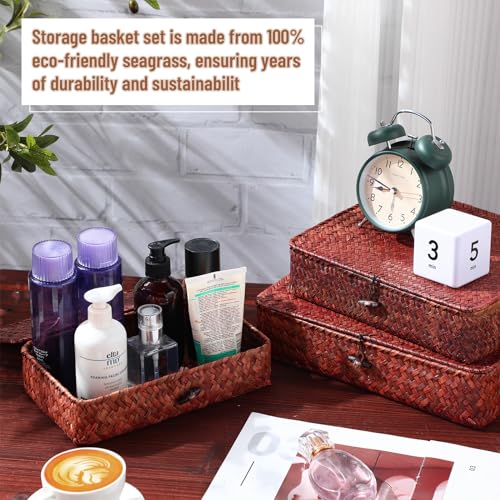 Didaey Set of 4 Seagrass Basket with Lid Wicker Storage Basket Decorative Storage Boxes with Lids Flat Storage Bins Woven Organizer Baskets for Shelf Closet Bedroom, 4 Sizes (Retro Red) - color: Retro Red