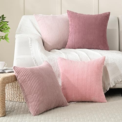 Volcanics Set of 4 Pink Corduroy Decorative Couch Throw Pillow Covers 20x20 Inch, Valentine's Day Farmhouse Striped Cushion Cases, Soft Boho Square Accent Pillow Covers for Home Sofa - color: Pink, size: 20" x 20" (Pack of 4)