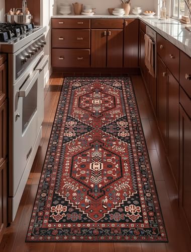 Ciicool 2x5ft Runner Rug, Hallway Wahshable Rugs Vintage Kitchen Carpet for Entrance Bedroom Bedside Living Room Kitchen Laundry Bathroom Decor - color: Red / Black, size: 2' x 5' (Runner)