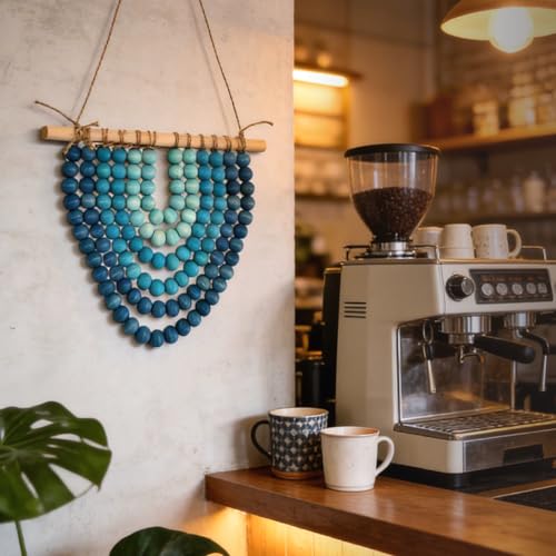 Boho Wooden Bead Garland Wall Hanging Tapestry Ombre Blue Gradient Handmade Wood Beaded Macrame Wall Art Natural Theme Wall Decor for Living Room Bedroom Nursery Dorm Coastal Home Office Decoration