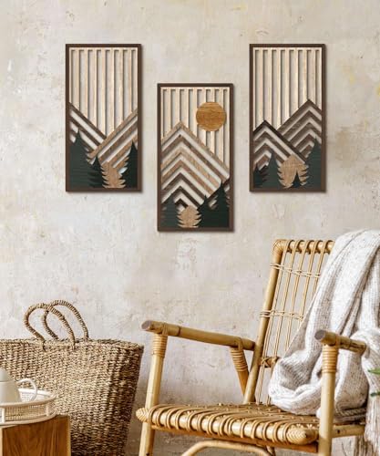 Putuo Decor Boho Mountain Wall Art Set of 3, Rustic Wooden Wall Decor, Nature-Inspired Geometric Artwork, Mid-Century Modern Aesthetic for Living Room, Bedroom, Office Brown 16.5 x 8.6 inch - color: Brown