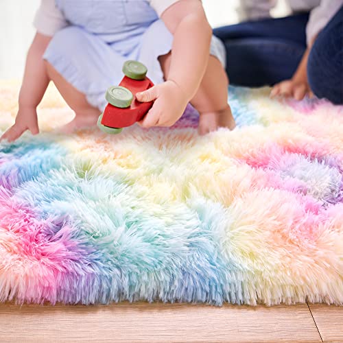 junovo Ultra Soft Washable Shaggy Rug - Non-Slip Oval Carpet for Nursery, Kids Bedroom & Home Decor (2x5ft Tie-Dye Rainbow) | Plush Fluffy Floor Mat for Cozy Living Spaces - color: Tie-dye Rainbow, size: 2' x 5'