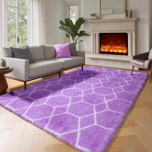 ONASAR Area Rugs for Bedroom Living Room, 4x6 Fluffy Purple and White Throw Rug, Boho Geometric Soft Shaggy Fuzzy Plush Indoor Floor Carpet for Kids Teen Nursery Dorm Home Decor Aesthetic - color: Purple / White, size: 4' x 6' (Rectangular)