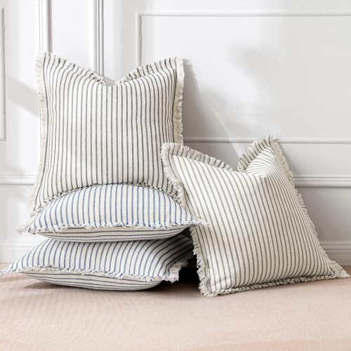MIULEE Pack of 2 Black Pillow Covers 20x20 Inch Striped Farmhouse Couch Throw Pillow Covers with Fringe Chic Linen Decorative Cushion Covers for Sofa Living Room Bed Outdoor Home Decor - color: Black, size: 20" x 20" (Pack of 2)