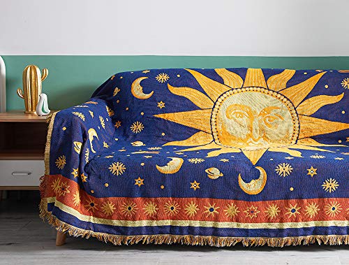 Erke 70" x 90" Sun and Moon Blanket Celestial Couch Sheet Cover Witchy Hippy Home Decoration, Double Sided Cotton Woven Hippie Throws Wicca Blankets for Couch Bed Recliner Decor - Yellow/Blue - size: 70" x 90"