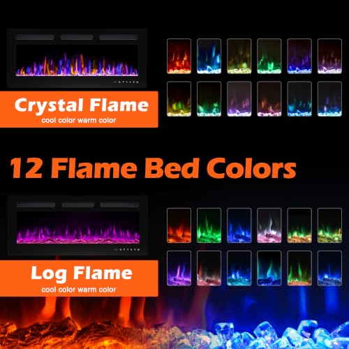 BETELNUT 40" Electric Fireplace Wall Mounted and Recessed with Remote Control, 750/1500W Ultra-Thin Wall Fireplace Heater W/Timer Adjustable Flame Color and Brightness, Log Set & Crystal Options - size: 40 Inch