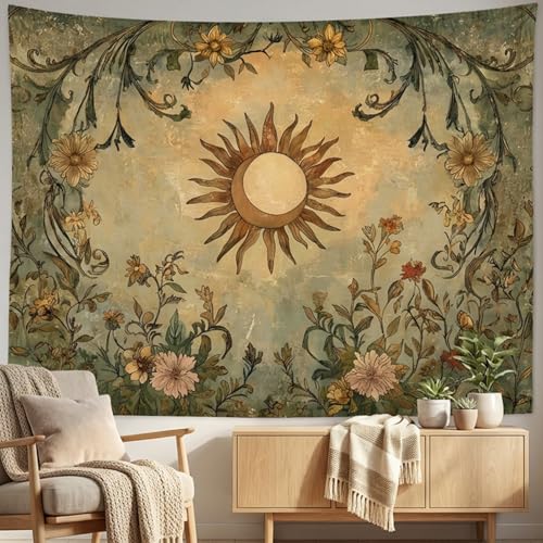 Lifeel Vintage Sun and Moon Tapestry, Boho Retro Green Plant Aesthetics Tapestries for Living Room Dorm, 68x90 inches - color: cream, size: 90"L x 68"W