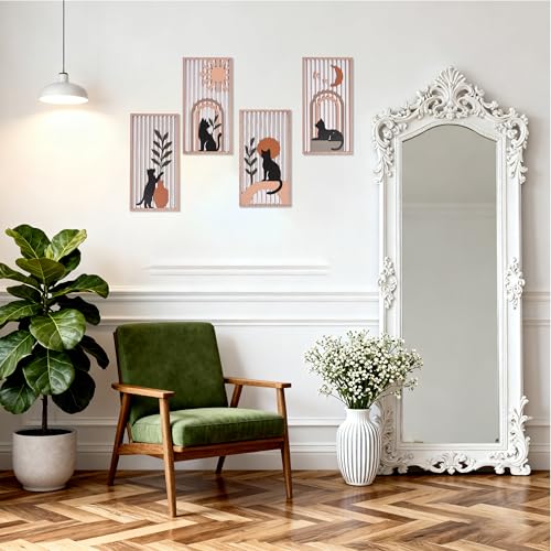 suruim Black Cat Wall Art Set of 4, Cat Wall Decor & Black Cat Decor, Mid-Century 3D Wooden Cat Art Wall Decor for Bedroom Living Room Office Boho Home Decor - color: A