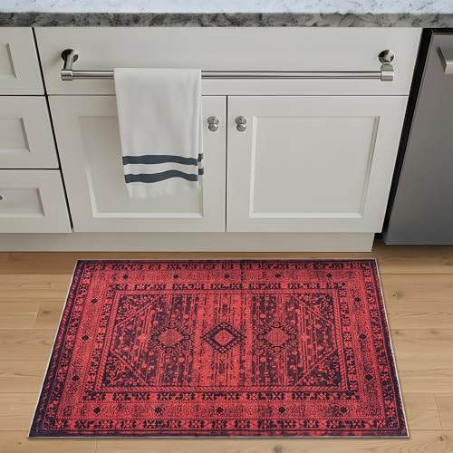 Bloom Rugs Washable Non-Slip 2' x 3' Rug - Red Traditional Bordered Area Rug for Living Room, Bedroom, Dining Room, and Kitchen - Exact Size: 2' x 3' - color: Red, size: 2' x 3' (Rectangular)