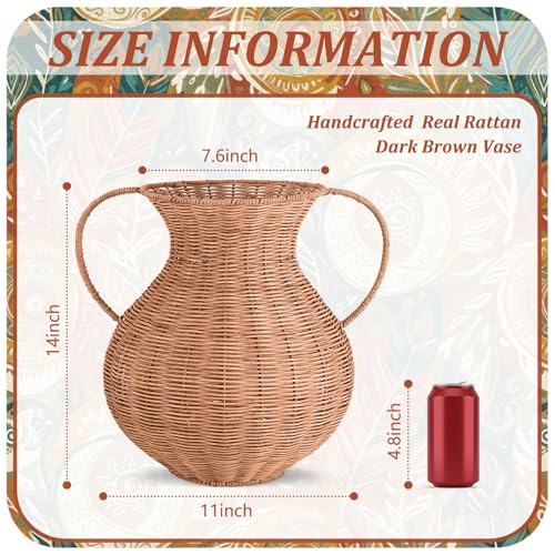 1 Pack Real Rattan Vase Woven Vase for Flower Decorative Wick AER Flower Plant Weave Basket Dark Brown Country Rustic Pastoral Style Tabletop Centerpiece for Home Decor(Classic Cylindrical) - style: Classic Cylindrical